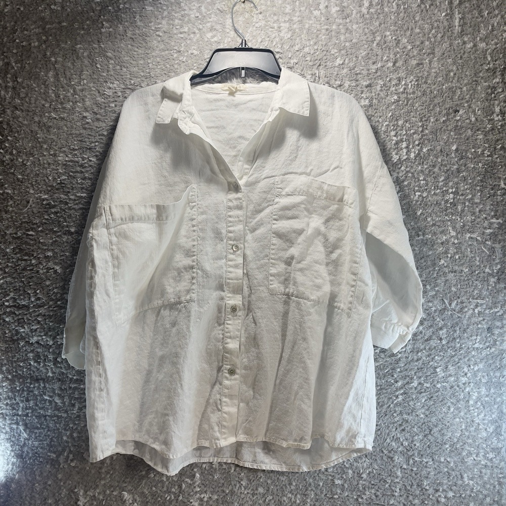 Eileen Fisher White Linen Tencel Boxy Button Up Blouse Oversized Lagenlook PL